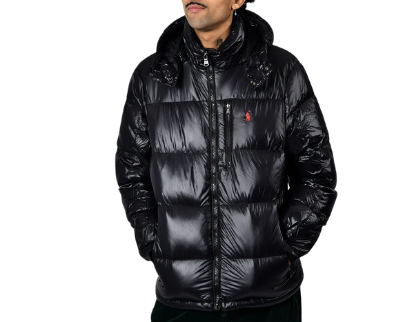 Polo Ralph Lauren down fill detatchable hood glossy puffer jacket in black